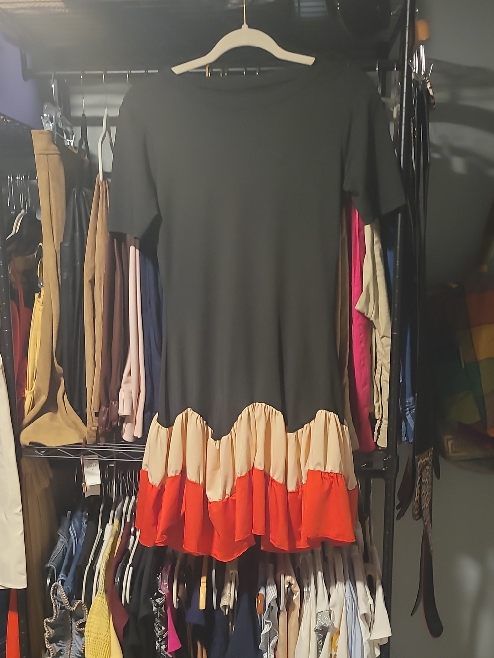 5 For $25 Black Dress with Cream and Red Tiered Ruffle Hem